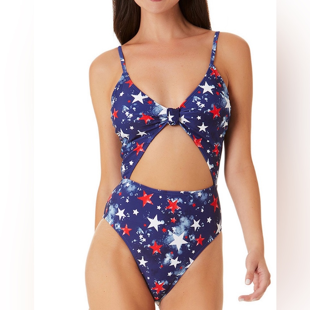 NWT California Waves Splatter Star Knotted Front Cut Out One Piece Swimsuit